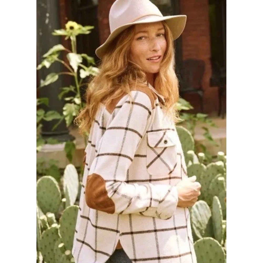 Faherty Daly‎ Cream Olivia Plaid Shirt Corduroy Collar Cuffs Elbow Patches XS
